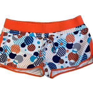 𝅺POWDER room orange blue polkadot circle board shorts Sz 9